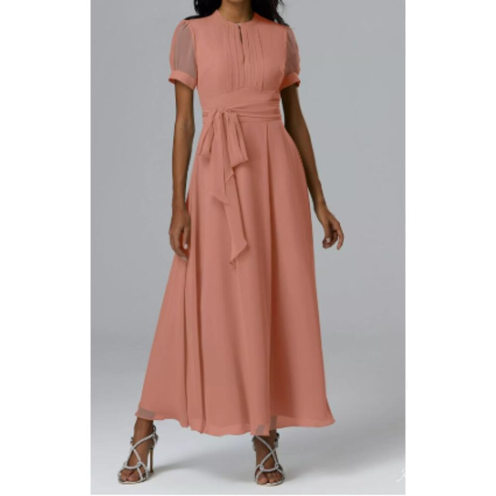 Elegant Peach Maxi Dress with Waist Tie